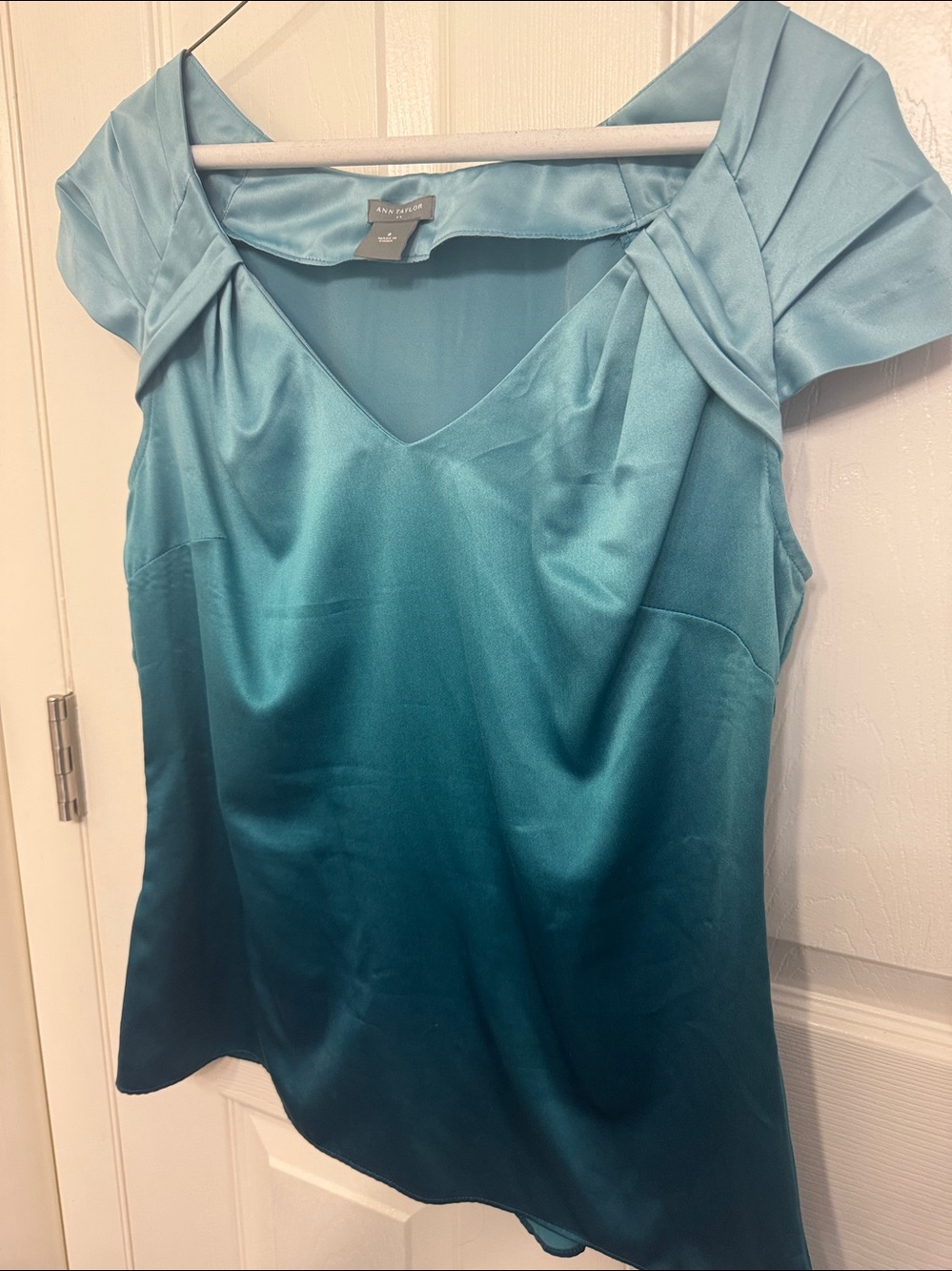 Ann Taylor Teal Ombre Satin Cap-Sleeve Blouse